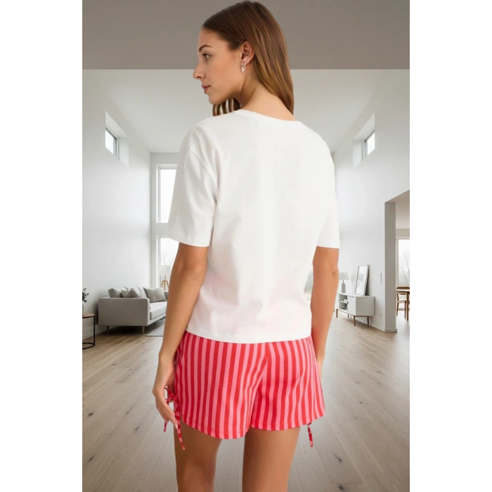 Yazlık %100 Pamuklu Pijama Takımı Çizgili Desen Bağlamalı Şort Regular Kalıp Trend Tasarım