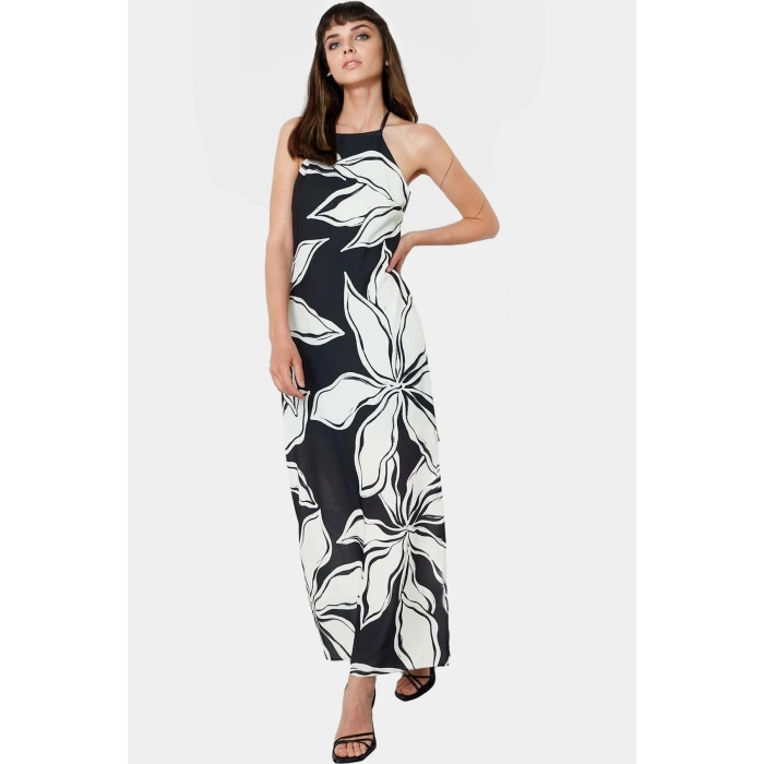 Yazlık A line Maxi Elbise Mat Saten Dokuma Polyester Halter Yaka Profesyonel Görünüm