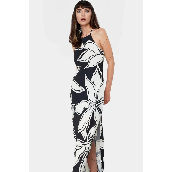 Yazlık A line Maxi Elbise Mat Saten Dokuma Polyester Halter Yaka Profesyonel Görünüm