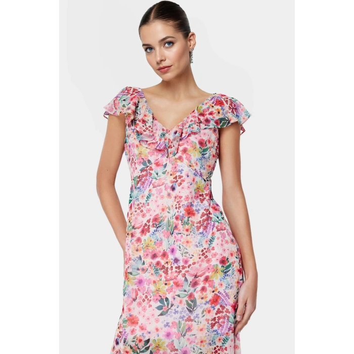 Yazlık A Line Maxi Elbise %Polyester Şifon Kumaş Çiçek Desen Profesyonel Görünüm