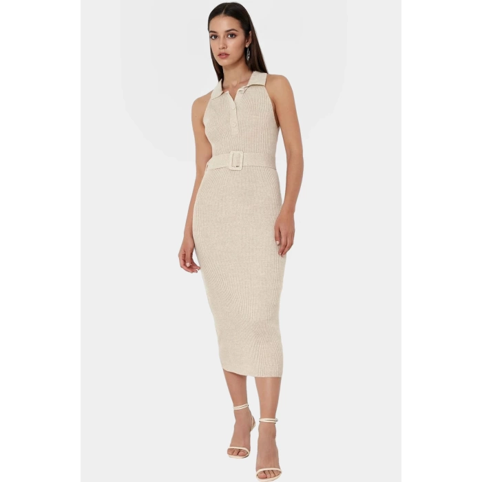 Yazlık Akrilik Midi Elbise Bodycon Kesim Polo Yaka Kemerli Konforlu Kaliteli İşçilik
