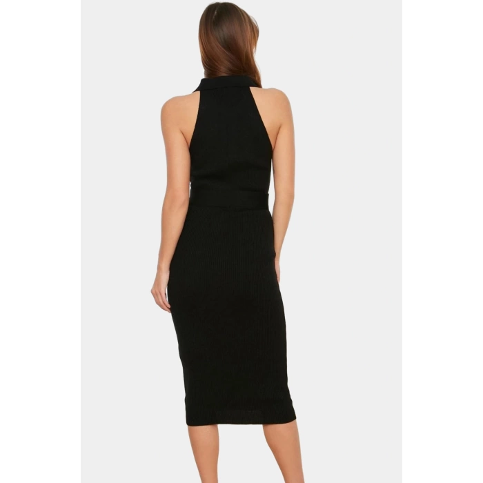 Yazlık Akrilik Midi Elbise Bodycon Kesim Polo Yaka Kemerli Konforlu Kaliteli İşçilik