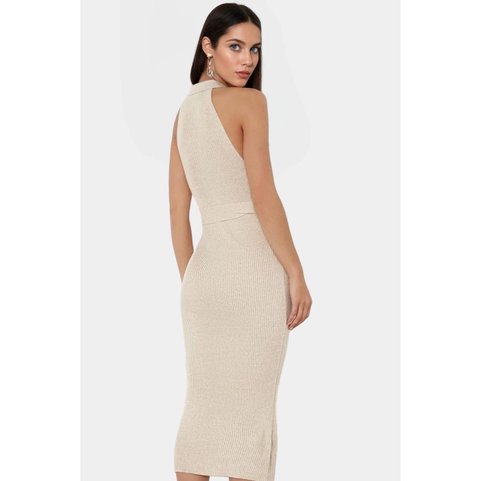 Yazlık Akrilik Midi Elbise Bodycon Kesim Polo Yaka Kemerli Konforlu Kaliteli İşçilik
