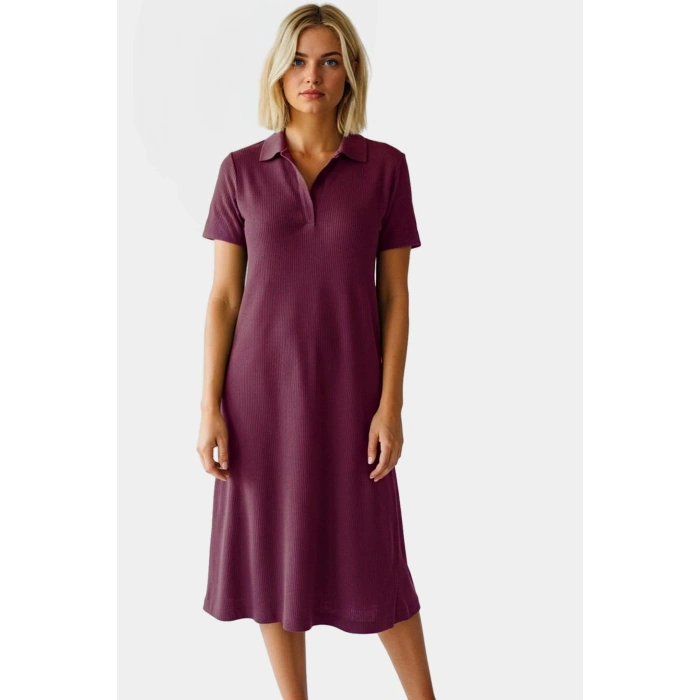 Yazlık Bürümcük Dokulu Midi Elbise Nefes Alan Polyester Kumaş Polo Yaka Kısa Kollu