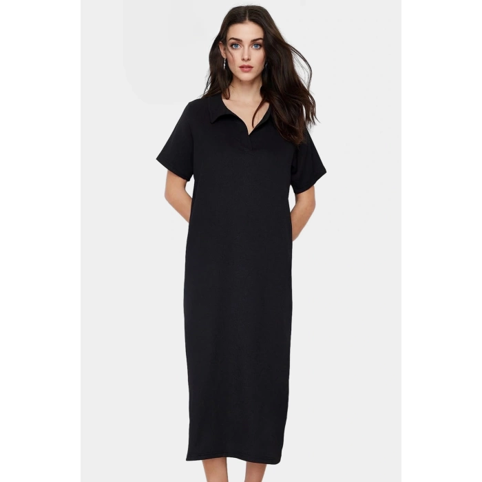 Yazlık Bürümcük Dokulu Midi Elbise Nefes Alan Polyester Kumaş Polo Yaka Kısa Kollu