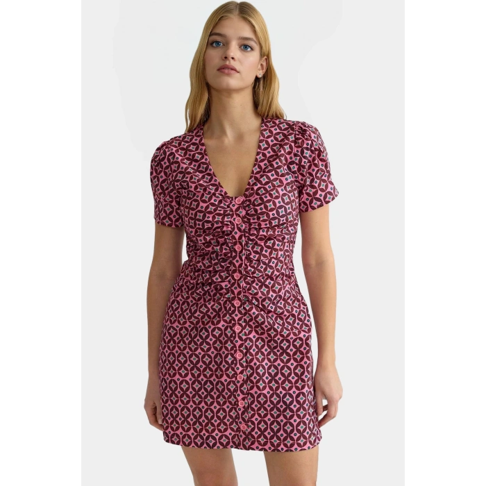 Yazlık Casual Retro Desenli Mini Gömlek Elbise Polyester Dokuma Günlük Kullanım İçin