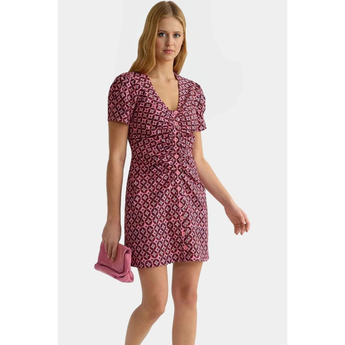 Yazlık Casual Retro Desenli Mini Gömlek Elbise Polyester Dokuma Günlük Kullanım İçin