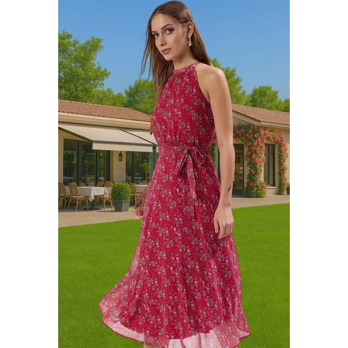Yazlık Çiçekli A Kesim Bel Kuşaklı Midi Dokuma Elbise Modern Stil Özenle Seçilmiş Seçkin Malzeme