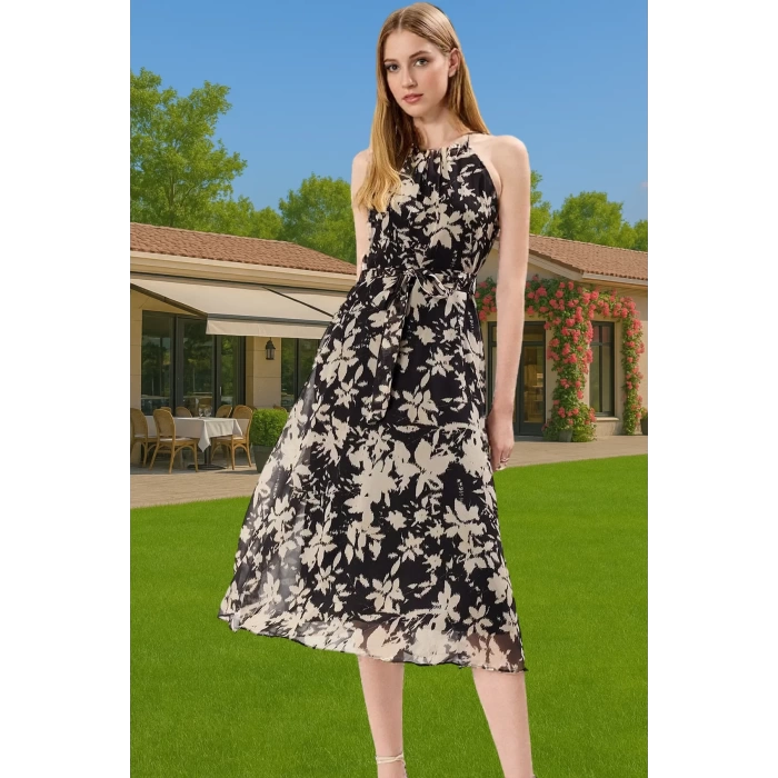 Yazlık Çiçekli A Kesim Bel Kuşaklı Midi Dokuma Elbise Modern Stil Özenle Seçilmiş Seçkin Malzeme