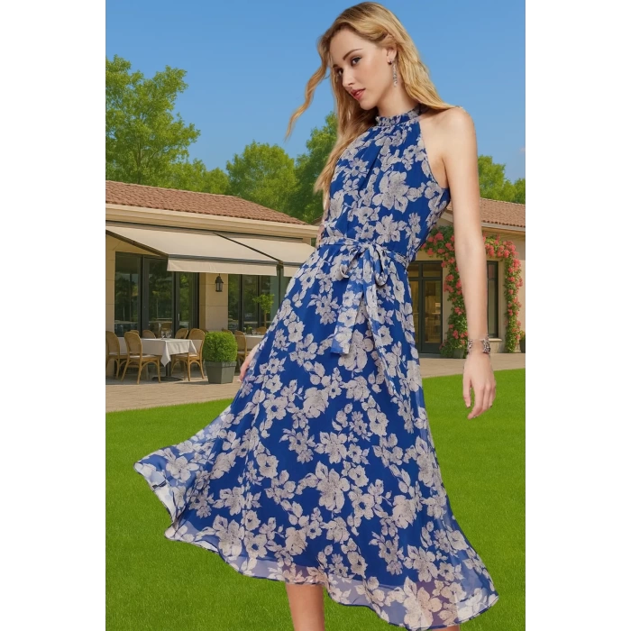 Yazlık Çiçekli A Kesim Bel Kuşaklı Midi Dokuma Elbise Modern Stil Özenle Seçilmiş Seçkin Malzeme