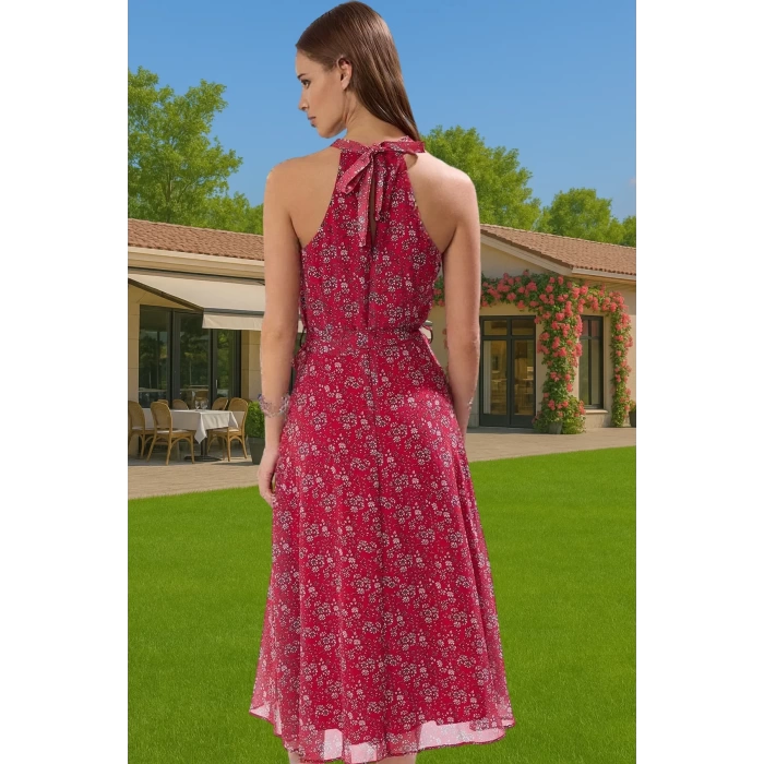 Yazlık Çiçekli A Kesim Bel Kuşaklı Midi Dokuma Elbise Modern Stil Özenle Seçilmiş Seçkin Malzeme
