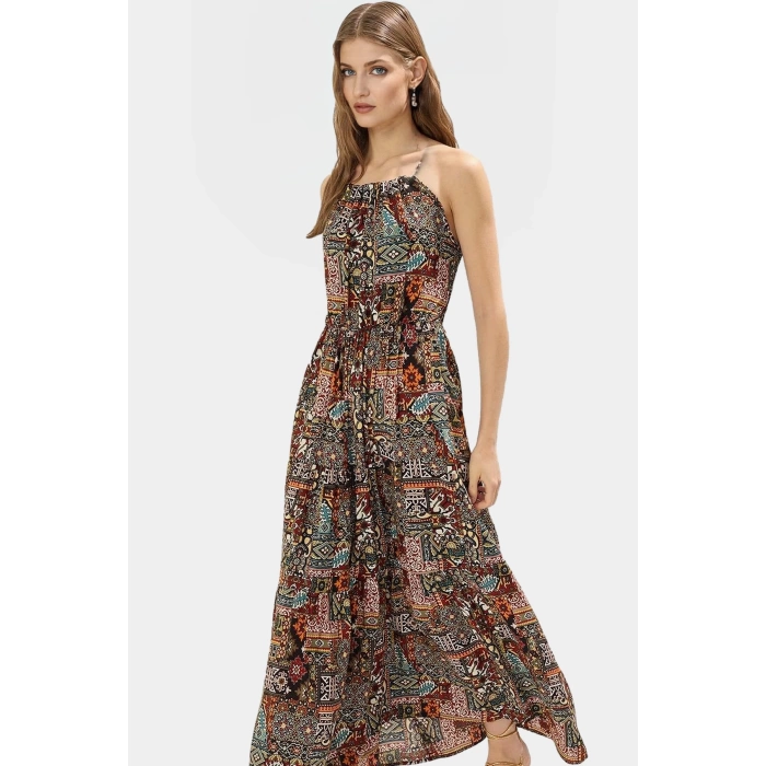 Yazlık Çiçekli A Line Halter Yaka Maxi Elbise Viskoz Kumaştan Rahat Günlük Stil Kullanım