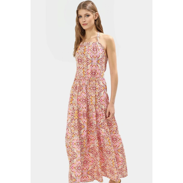 Yazlık Çiçekli A Line Halter Yaka Maxi Elbise Viskoz Kumaştan Rahat Günlük Stil Kullanım