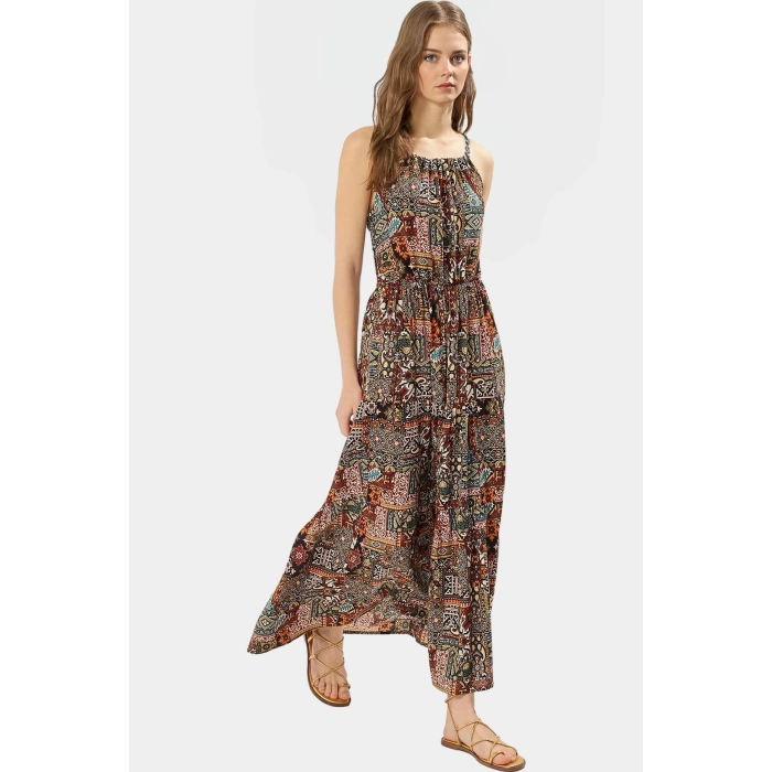Yazlık Çiçekli A Line Halter Yaka Maxi Elbise Viskoz Kumaştan Rahat Günlük Stil Kullanım