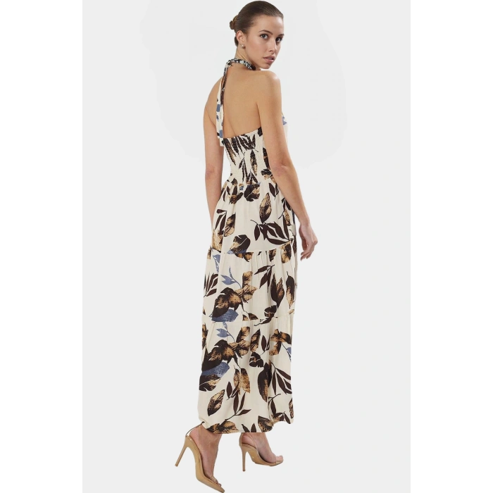 Yazlık Çiçekli A Line Halter Yaka Maxi Elbise Viskoz Kumaştan Rahat Günlük Stil Kullanım