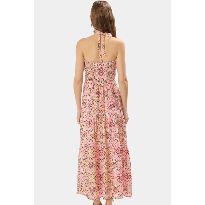 Yazlık Çiçekli A Line Halter Yaka Maxi Elbise Viskoz Kumaştan Rahat Günlük Stil Kullanım