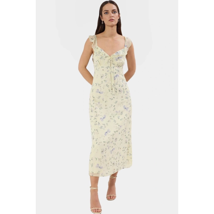 Yazlık Çiçekli A Line Midi Elbise  Polyester Dokuma Kumaş Özenle Seçilmiş Mükemmel Uyum