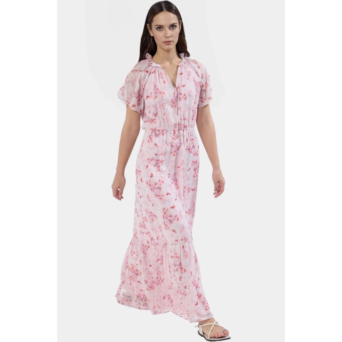 Yazlık Çiçekli Maxi Elbise Belden Açılan Etekli Şifon Dokuma Astarlı Rahat Kullanım Modern Stil