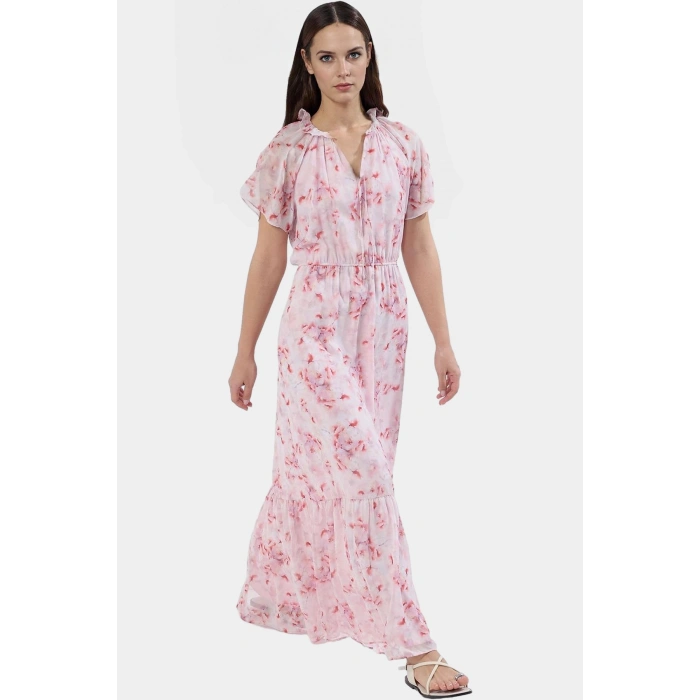 Yazlık Çiçekli Maxi Elbise Belden Açılan Etekli Şifon Dokuma Astarlı Rahat Kullanım Modern Stil