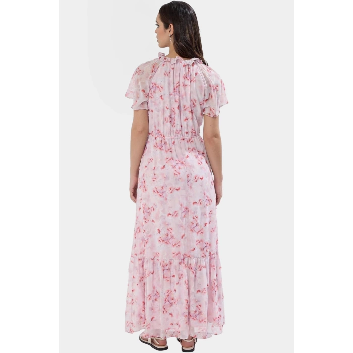Yazlık Çiçekli Maxi Elbise Belden Açılan Etekli Şifon Dokuma Astarlı Rahat Kullanım Modern Stil