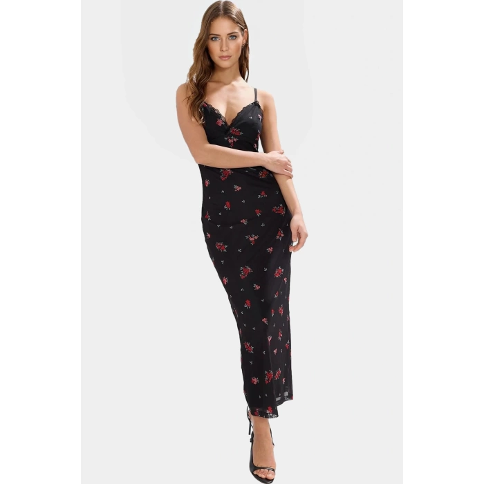 Yazlık Çiçekli Maxi Elbise V Yaka Dantel Detay Örme Kumaş Rahat Ve Şık Modern Stil