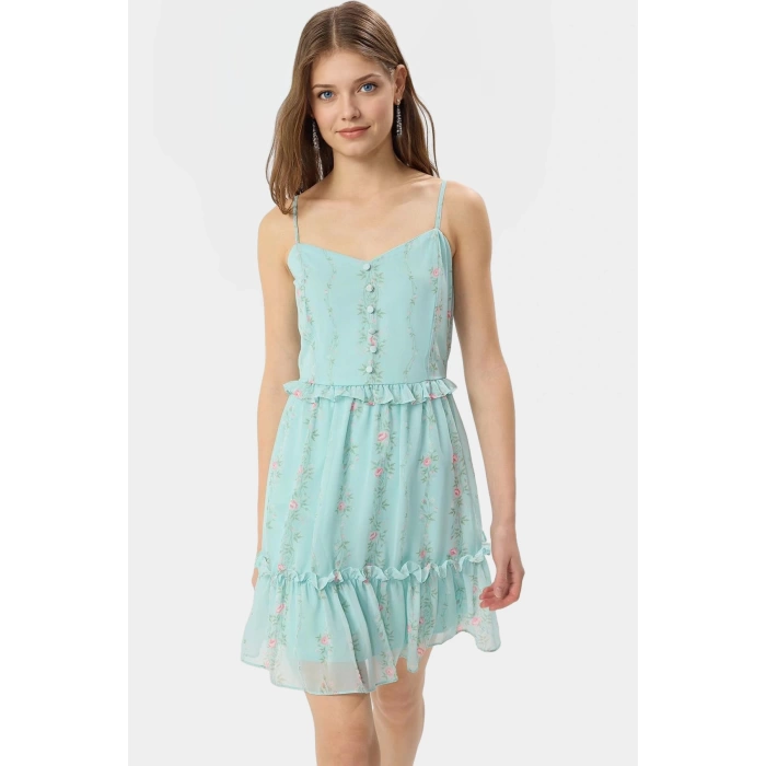 Yazlık Çiçekli Mini Şifon Elbise Astarlı Kalp Yaka Dokuma Dayanıklı Malzeme Modern Stil