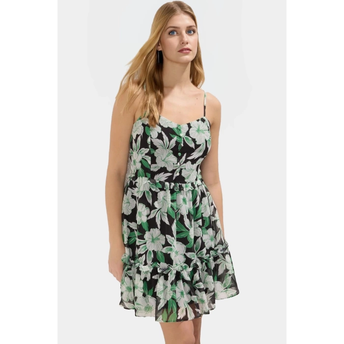 Yazlık Çiçekli Mini Şifon Elbise Astarlı Kalp Yaka Dokuma Dayanıklı Malzeme Modern Stil