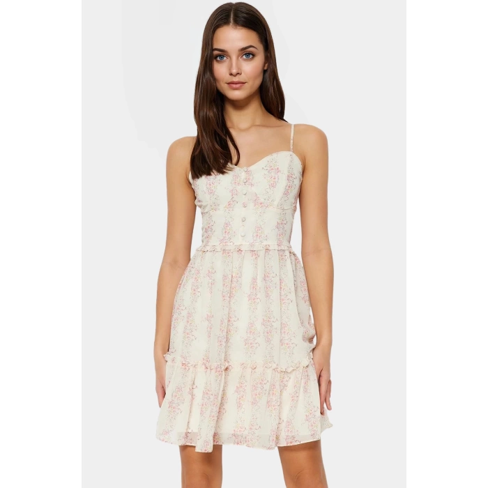 Yazlık Çiçekli Mini Şifon Elbise Astarlı Kalp Yaka Dokuma Dayanıklı Malzeme Modern Stil