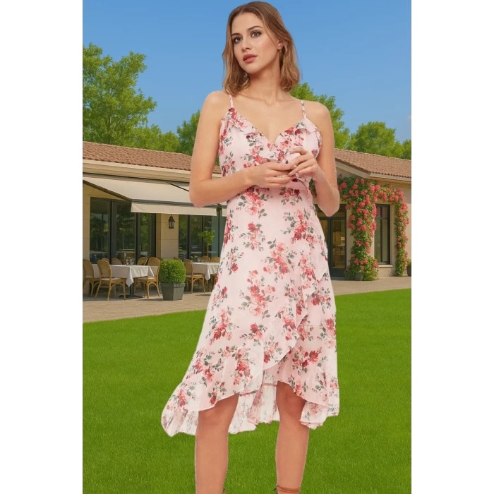 Yazlık Çiçekli Şifon Elbise Midi Boy Polyester Zarifane Tasarım Rahat Ve Şık Konforlu Kesim