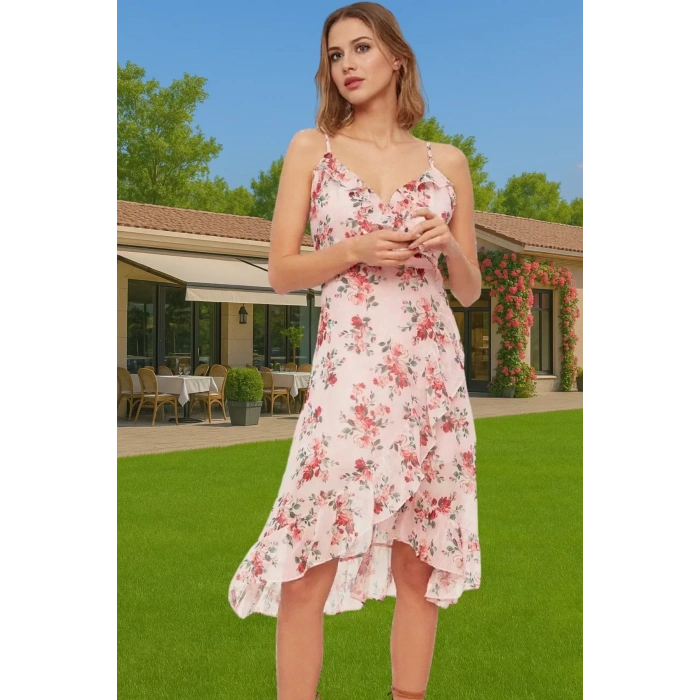 Yazlık Çiçekli Şifon Elbise Midi Boy Polyester Zarifane Tasarım Rahat Ve Şık Konforlu Kesim