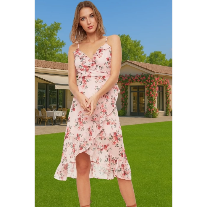 Yazlık Çiçekli Şifon Elbise Midi Boy Polyester Zarifane Tasarım Rahat Ve Şık Konforlu Kesim