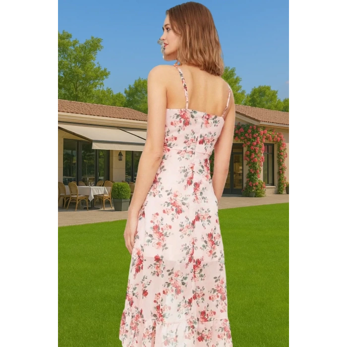 Yazlık Çiçekli Şifon Elbise Midi Boy Polyester Zarifane Tasarım Rahat Ve Şık Konforlu Kesim