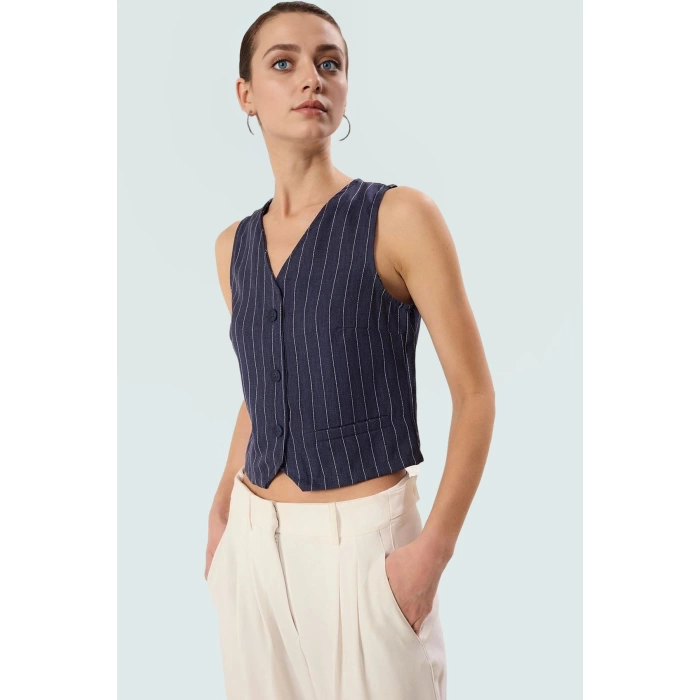 Yazlık Çizgili Crop Bluz V Yaka Polyester Dokuma Seçkin Malzeme Uzun Ömürlü