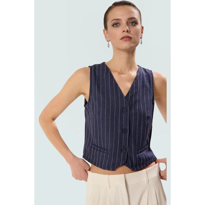 Yazlık Çizgili Crop Bluz V Yaka Polyester Dokuma Seçkin Malzeme Uzun Ömürlü