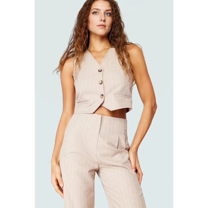 Yazlık Çizgili Crop Bluz V Yaka Polyester Dokuma Seçkin Malzeme Uzun Ömürlü