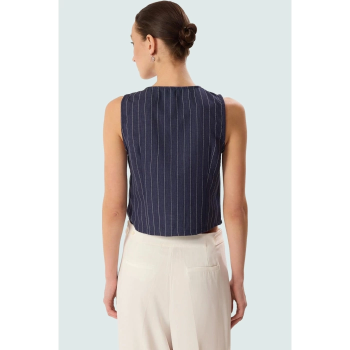 Yazlık Çizgili Crop Bluz V Yaka Polyester Dokuma Seçkin Malzeme Uzun Ömürlü