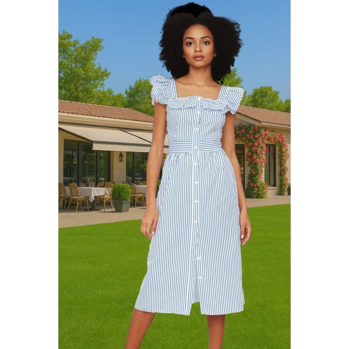 Yazlık Çizgili Midi Gömlek Elbise Pamuklu Polyester Günlük Stil Konforlu Kesim Şık Görünüm