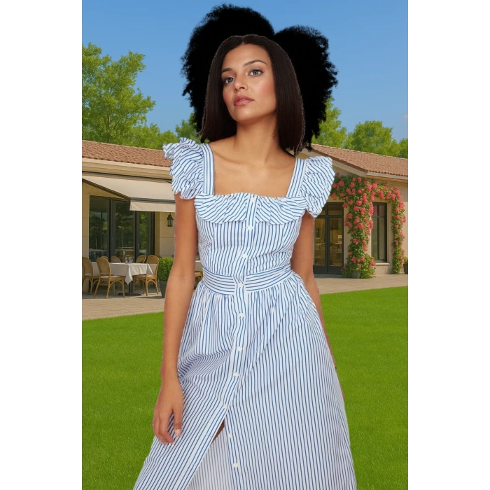 Yazlık Çizgili Midi Gömlek Elbise Pamuklu Polyester Günlük Stil Konforlu Kesim Şık Görünüm