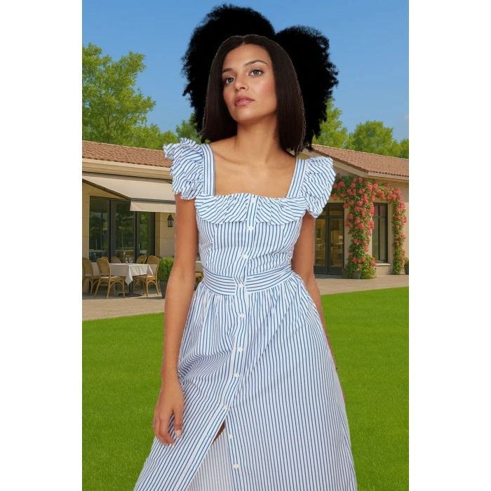 Yazlık Çizgili Midi Gömlek Elbise Pamuklu Polyester Günlük Stil Konforlu Kesim Şık Görünüm