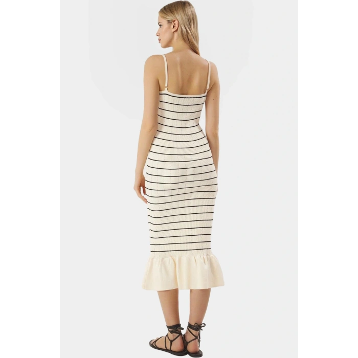 Yazlık Çizgili Triko Midi Elbise V Yaka Bodycon Kesim Rahat Günlük Premium Kalite Modern Stil