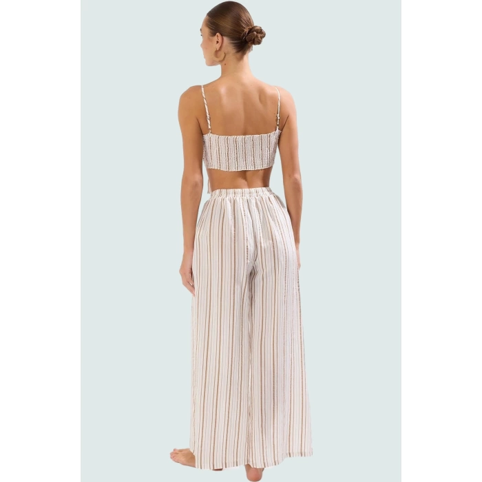 Yazlık Çok Çizgili Bluz Pantolon Takım Polyester Reglan Kol Yırtmaç Detaylı Özel Tasarım
