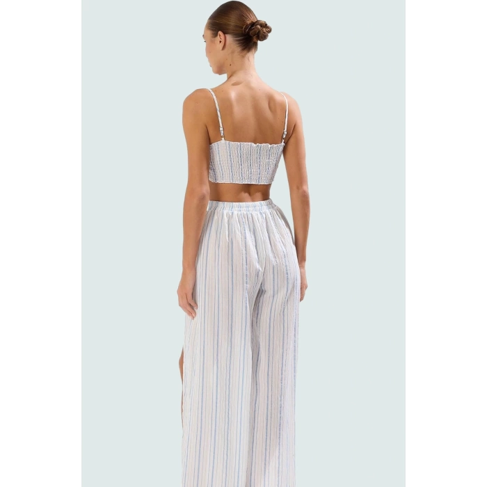 Yazlık Çok Çizgili Bluz Pantolon Takım Polyester Reglan Kol Yırtmaç Detaylı Özel Tasarım