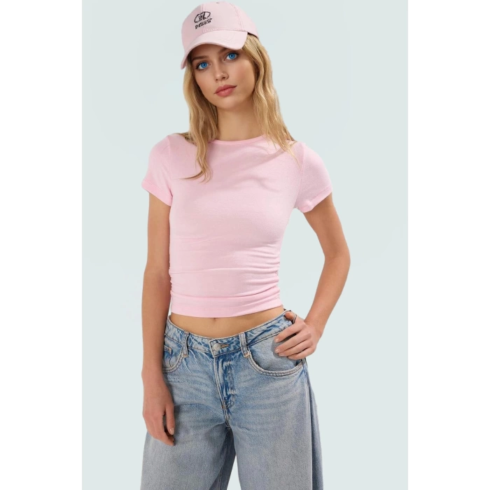 Yazlık Crop Bisiklet Yaka Fitted Viskoz Bluz Günlük Stil Uzun Ömürlü Zarifane Tasarım Premium Kalite