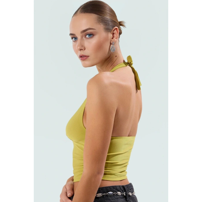 Yazlık Crop Bluz Boyundan Bağlamalı Vücuda Oturan Esnek Örme Premium Kalite Kaliteli İşçilik