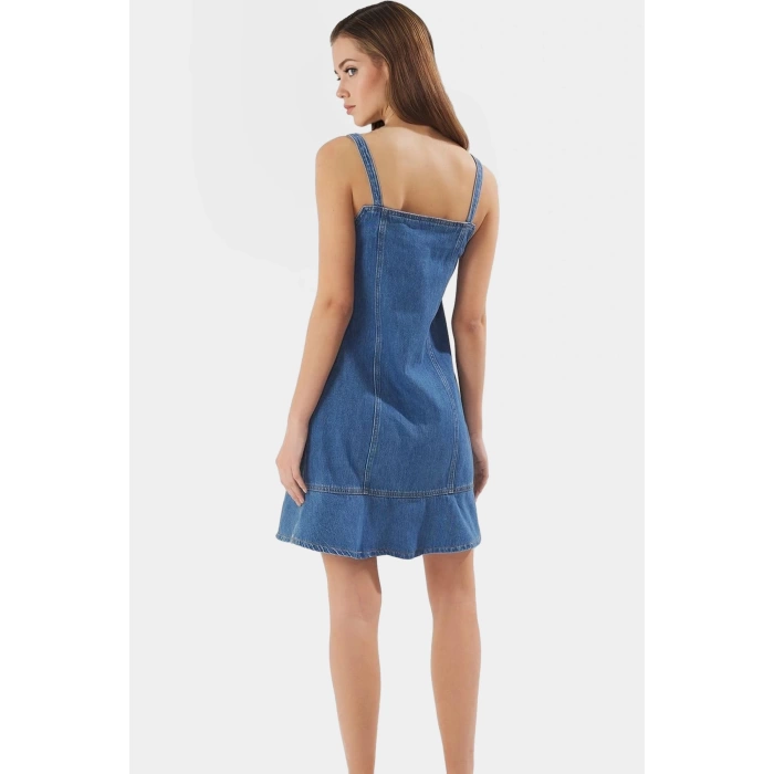Yazlık Denim Elbise Pamuk Mini Boy Kare Yaka Kaliteli İşçilik Rahat Ve Şık