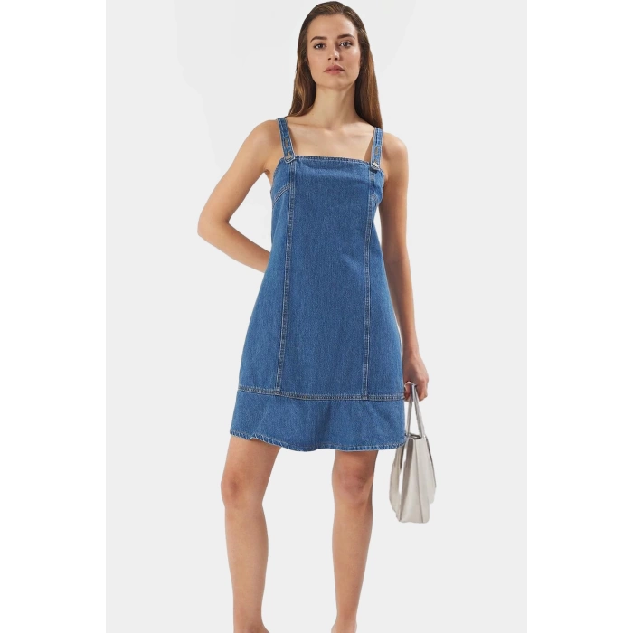 Yazlık Denim Elbise Pamuk Mini Boy Kare Yaka Kaliteli İşçilik Rahat Ve Şık