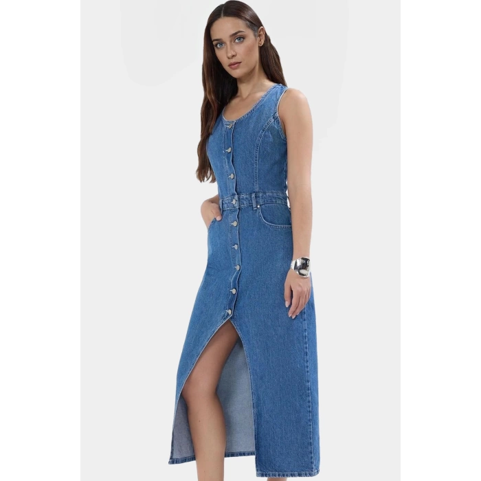 Yazlık Denim Midi Elbise Kolsuz Havuz Yaka Pamuk Casual Özenle Seçilmiş Dayanıklı Malzeme