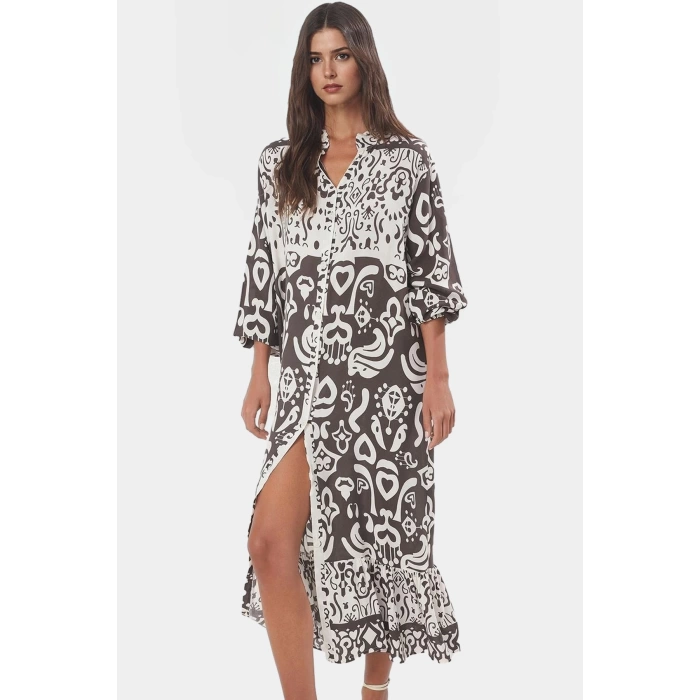 Yazlık Desenli Midi Elbise Shally Dokuma  Polyester Rahat Günlük Premium Kalite