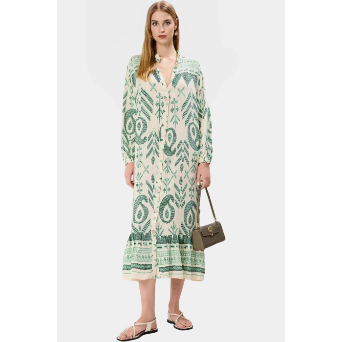 Yazlık Desenli Midi Elbise Shally Dokuma  Polyester Rahat Günlük Premium Kalite