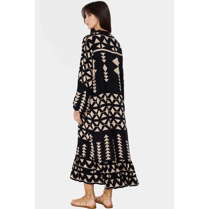 Yazlık Desenli Midi Elbise Shally Dokuma  Polyester Rahat Günlük Premium Kalite